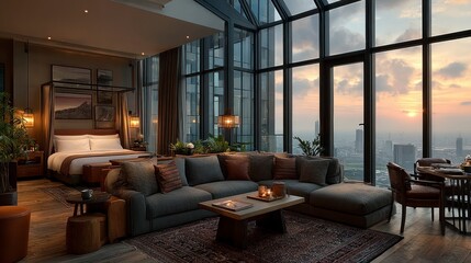 Luxurious Penthouse Suite with Panoramic City Sunset View and Modern Interior Design