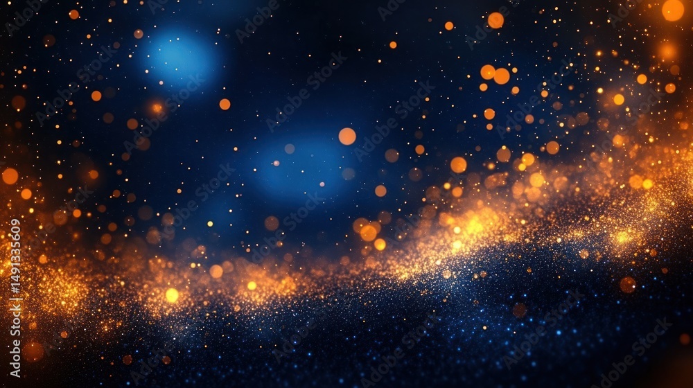 Poster abstract glowing orange and blue particles scattered across a dark background resembling cosmic dust