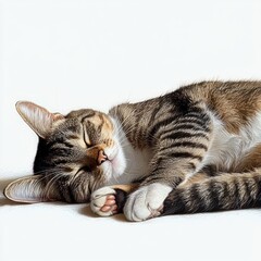 Sleeping tabby cat with striped fur curled up peacefully on a white surface conveying calmness and comfort