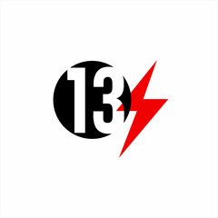 Number thirteen logo design with lightning symbol.