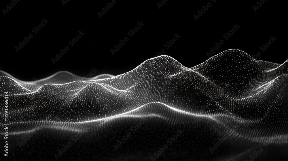 Poster abstract digital wave landscape composed of illuminated white dots forming smooth flowing mountainou