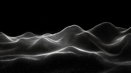 Abstract digital wave landscape composed of illuminated white dots forming smooth flowing mountainous shapes on a black background evoking futuristic and technological atmosphere