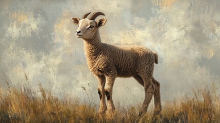 Fototapeta premium A young lamb stands in a field, looking towards the viewer against a painterly sky.