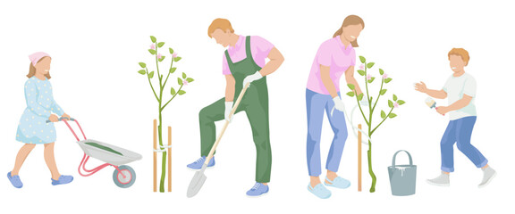 Family working in the garden. Man with a shovel digs on, women ties the apple saplings to a wooden peg, girl with garden wheelbarrow, Boy with brush for whitewashing apple tree.