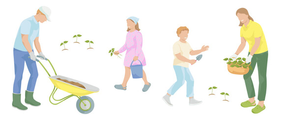 Family gardening. Man with garden wheelbarrow, women with plants, boy with hand shovel, girl with bucket