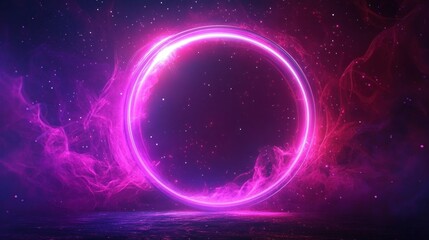 Obraz premium Glowing neon purple circular portal with smoky, misty effects floating in a dark starry space environment, evoking mystery and futuristic energy