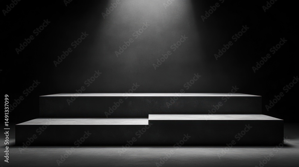 Poster three-level dark empty pedestal or platform illuminated by a single spotlight in a dark environment
