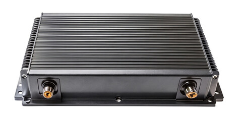 Fototapeta premium Close up of a black electronic device with a ribbed top surface