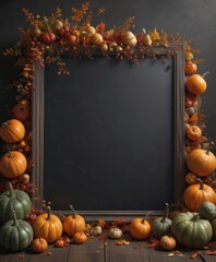 Rustic chalkboard frame overflowing with various sized pumpkins and gourds, autumn leaves scattered around ,  still life,  country
