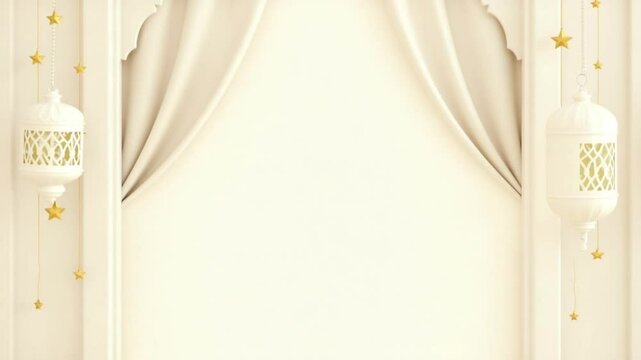 Satin Cream White Simple Islamic Blank Vertical Video Background Decorated With Hanging Lantern And Golden Stars Looping Animation