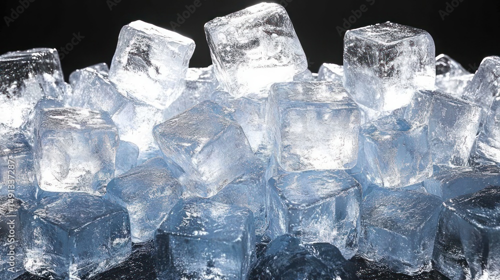 Poster close-up of translucent ice cubes stacked together with a cool blue tint against a dark background c