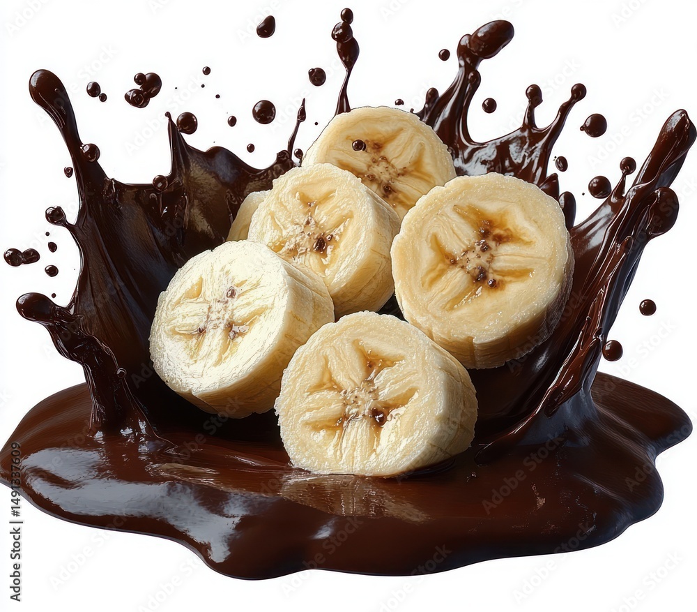 Poster four banana slices splashing into rich dark chocolate liquid creating dynamic droplets and a sense o