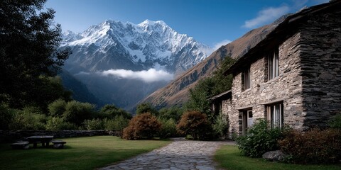 Majestic Mountain View by Rustic Stone House Surrounded by Lush Green Garden and Pathway Captivating Natural Landscape Scene for Serene Travel Destinations and Escapes