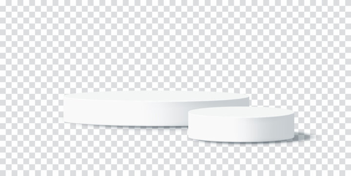 White 3D podium platforms for product presentation. Realistic stage background. Vector illustration isolated on transparent background