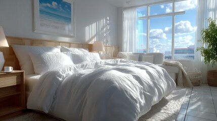 Modern Bedroom with Natural Light and Comfortable Bedding Featuring Large Windows Cozy Decor
