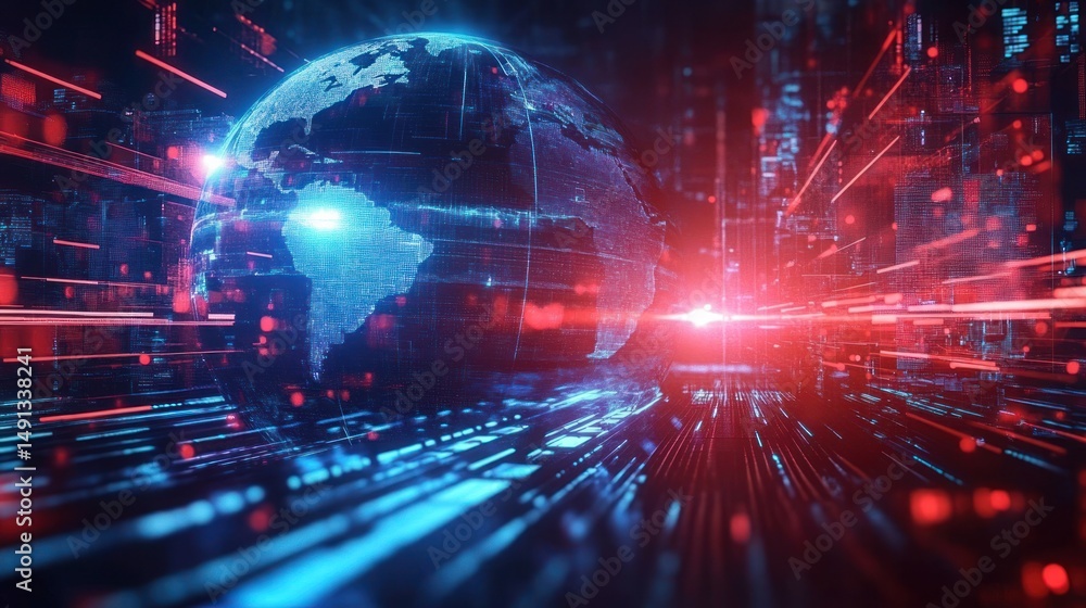 Poster digital representation of a glowing earth globe surrounded by dynamic red and blue light streaks sug