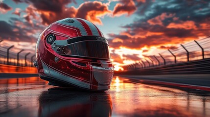 Obraz premium Red and white racing helmet placed on wet race track surface with dramatic sunset and cloudy sky in the background