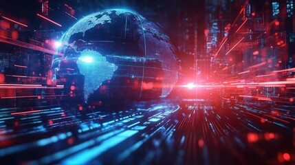 Fototapeta premium Digital representation of a glowing earth globe surrounded by dynamic red and blue light streaks suggesting data flow and advanced technology