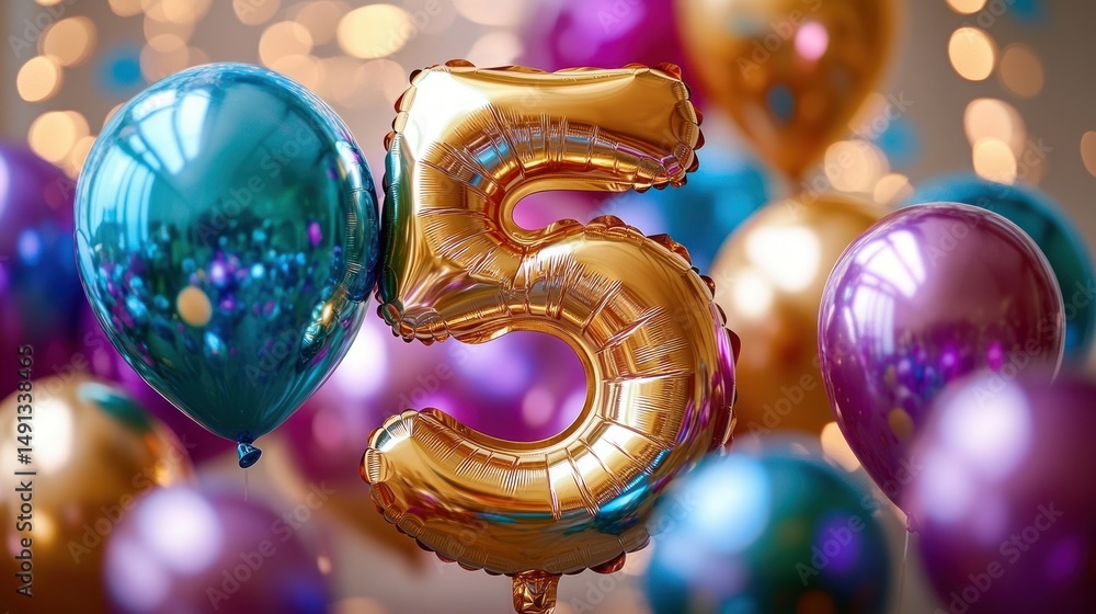 Aufkleber shiny gold foil balloon shaped as number five surrounded by colorful inflated latex balloons with bl