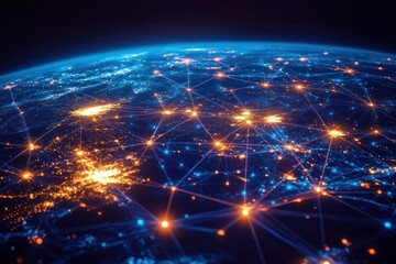 Bright interconnected network of glowing nodes and lines over a digital representation of a curved Earth surface in a dark space environment