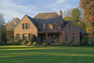 Large brick house surrounded by lush green lawn and trees with autumn foliage during golden hour