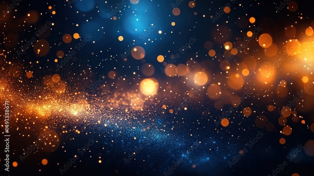 Poster abstract cosmic-like scene with glowing orange and blue particles creating a sense of depth and myst