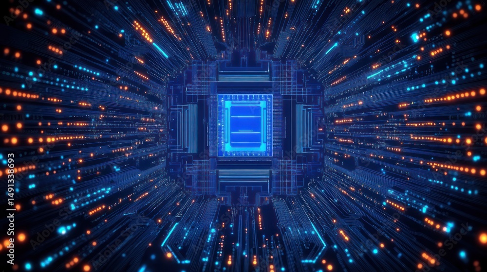 Poster glowing blue and orange futuristic electronic circuit with central processing unit resembling a digi