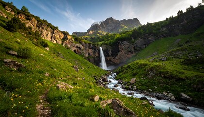 Obraz premium Majestic Waterfall with Mountain Landscape.