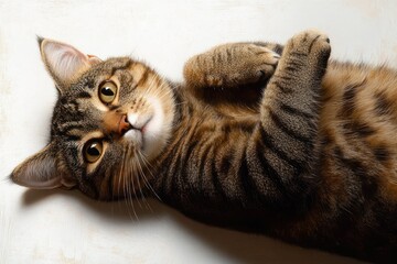 Close-up of a relaxed tabby cat lying on its side with wide, curious eyes and soft fur visible in warm lighting