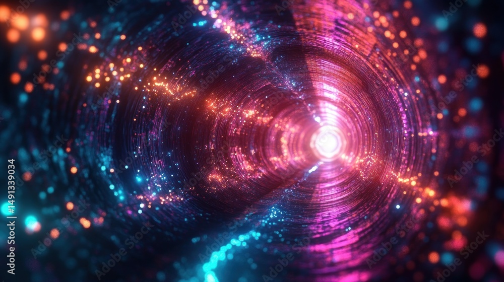Poster glowing futuristic tunnel with vibrant purple and blue lights creating a sparkling, immersive visual