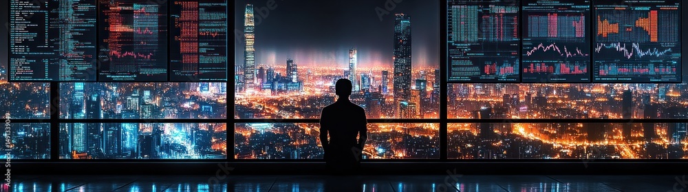 Poster silhouette of a person standing in front of large windows overlooking a brightly lit cityscape at ni