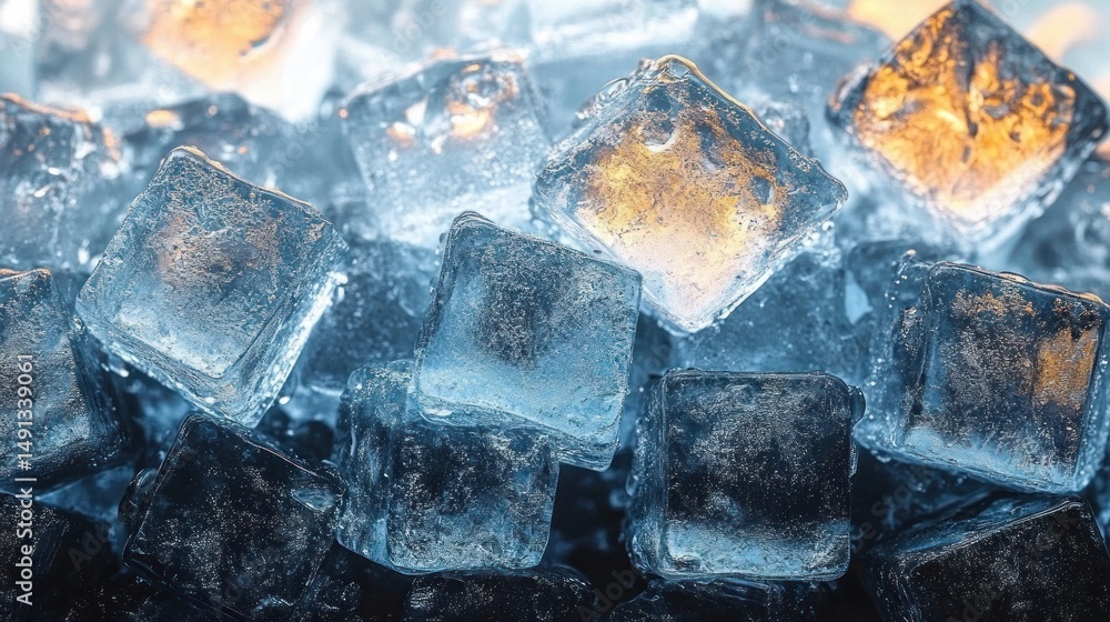 Poster close-up of translucent ice cubes with reflections of warm light on some surfaces creating a contras
