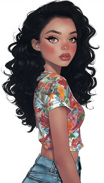 Ilustraci&oacute;n de una joven con cabello rizado y camisa floral