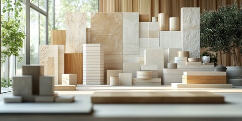 Organized display of various textured and colored tiles and blocks in natural tones with indoor plants and soft natural light creating a calm, minimalist atmosphere