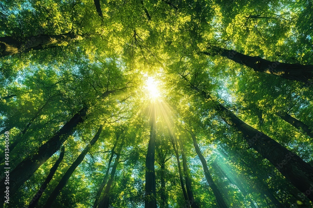 Poster sunlight streaming through tall green trees in a dense forest canopy creating a serene and uplifting
