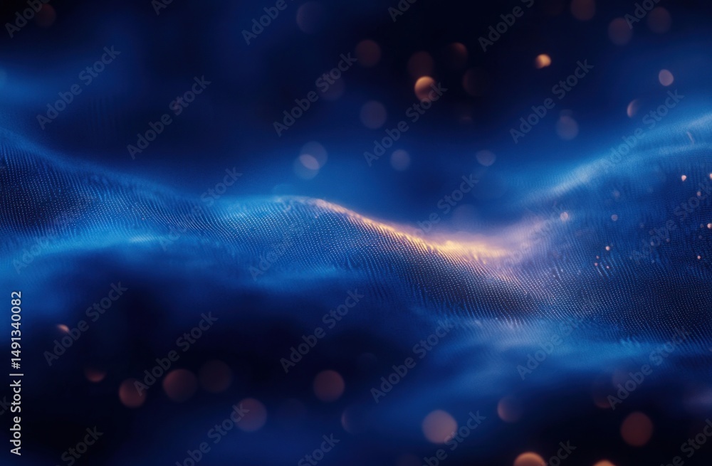 Poster close-up view of glowing blue digital waves with golden light spots creating a sense of depth and mo