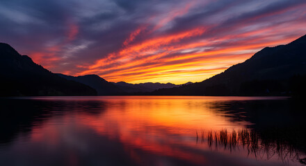 Fototapeta premium Lake and Mountain at Sunrise with Colorful Sky