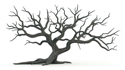 Silhouette of a weathered, barren tree against white background.