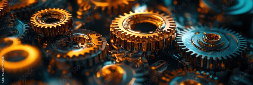 Poster close-up view of multiple interlocking metallic gears with warm golden and cool blue lighting highli