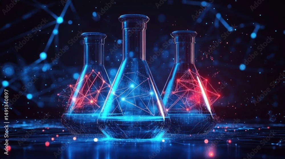 Aufkleber three transparent laboratory flasks with glowing blue and red digital network patterns inside, set a
