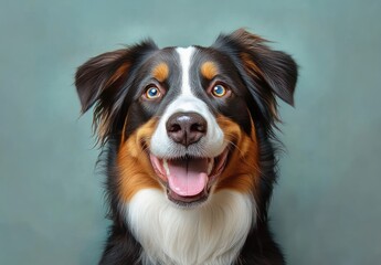 Fototapeta premium Happy tricolor dog with bright expressive eyes and open mouth against a plain light blue background