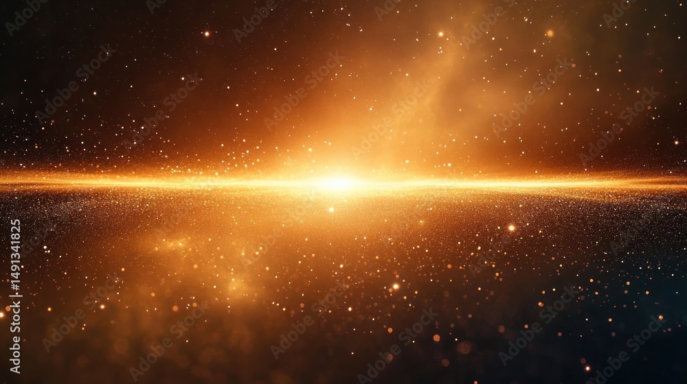 Poster bright glowing golden light at the center with sparkling particles and a cosmic dust effect creating