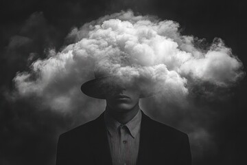 Mysterious person wearing a suit and hat blended with a large cloud concealing the upper face, creating a surreal and moody atmosphere