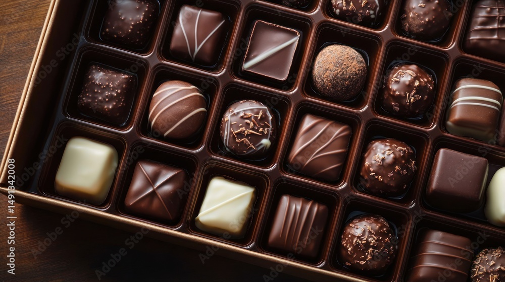 Poster assorted chocolates in an open box with various shapes and decorative patterns arranged neatly showi