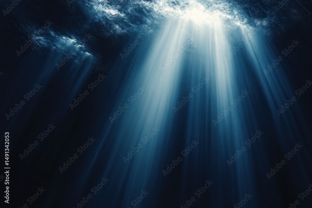 Poster rays of bright light shining through dark underwater cavern creating a serene and mysterious atmosph