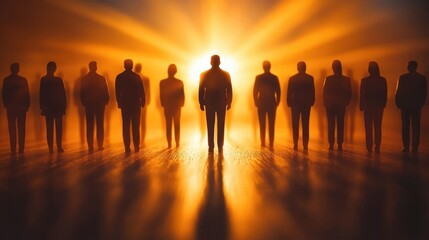 Silhouettes of standing figures with one illuminated from behind by radiant golden light emitting strong shadows and a glowing warm ambiance