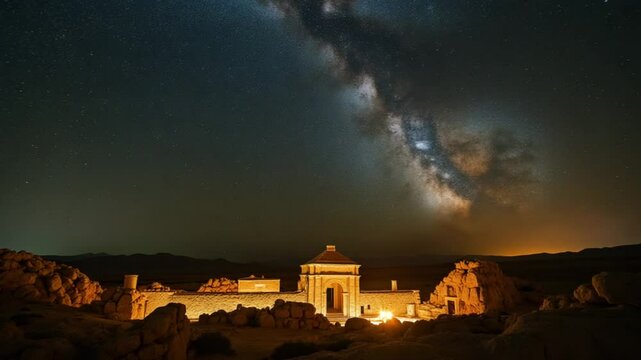 4K Ancient Roman time town in desert and Milky Way stars.