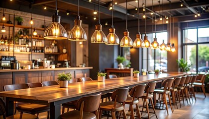 Modern cafe interior with long table.
