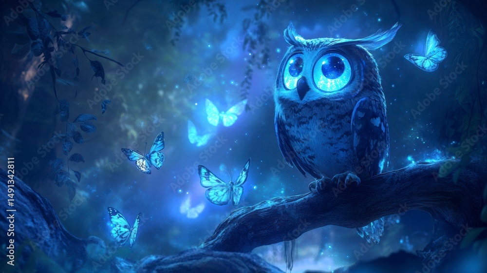 Aufkleber glowing owl perched on a branch in a dark forest with luminous butterflies.
