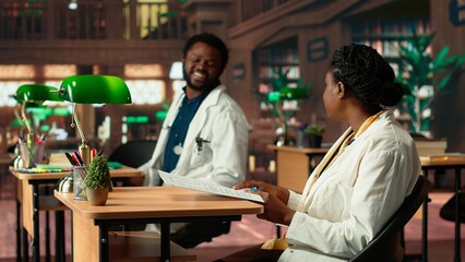 African american med school enjoying lecture from specialty books at the library, doing her medical...